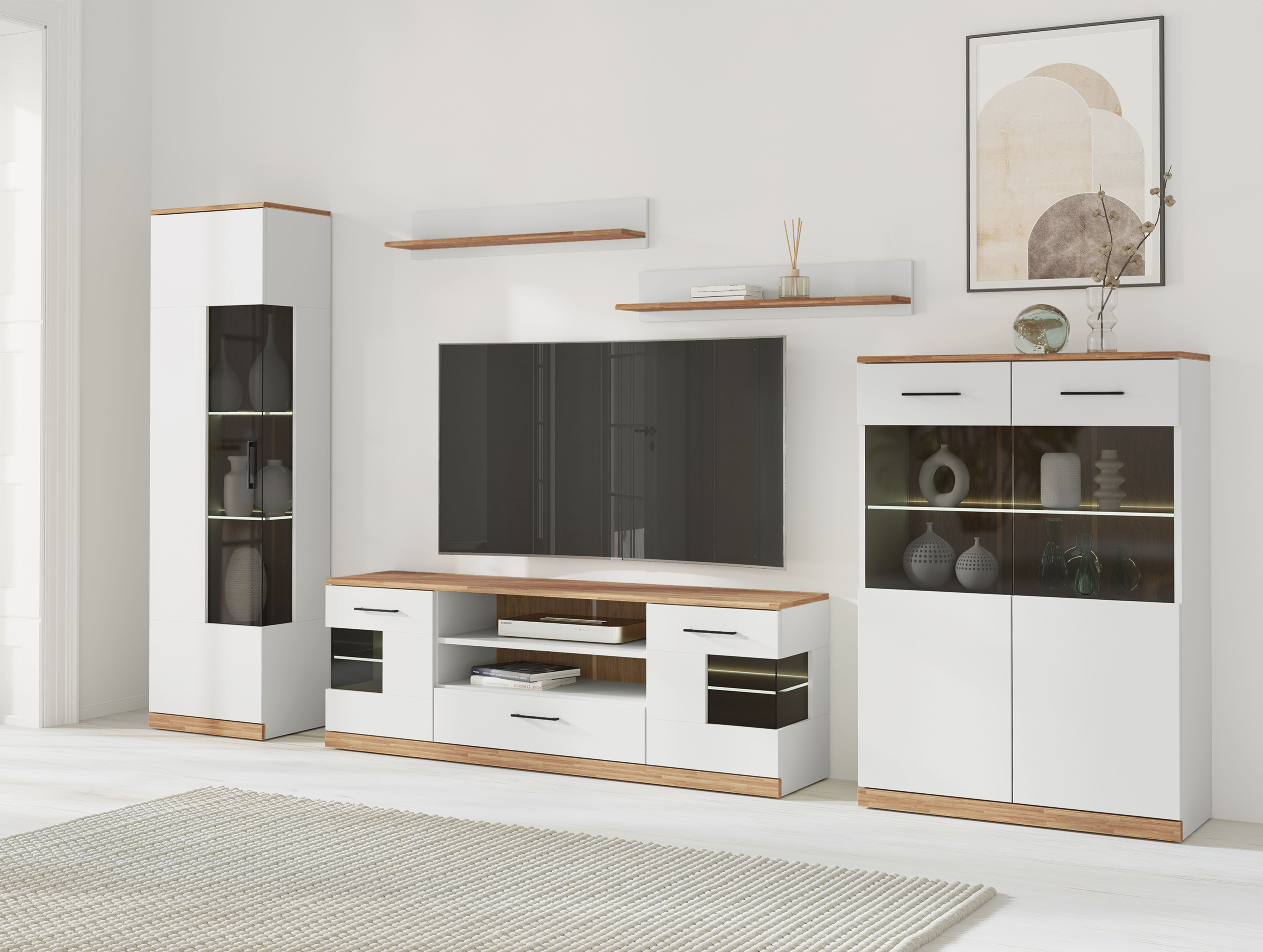 Wohnwand HOME AFFAIRE "Ribe Wohnwand Set-5 St.", weiß (weiß, eiche), B:297cm H:180cm T:35cm, Holz teilmassiv, Kastenmöbel-Sets, Glaseinsatz aus gehärtetem Glas,Böden teilweise versetzbar