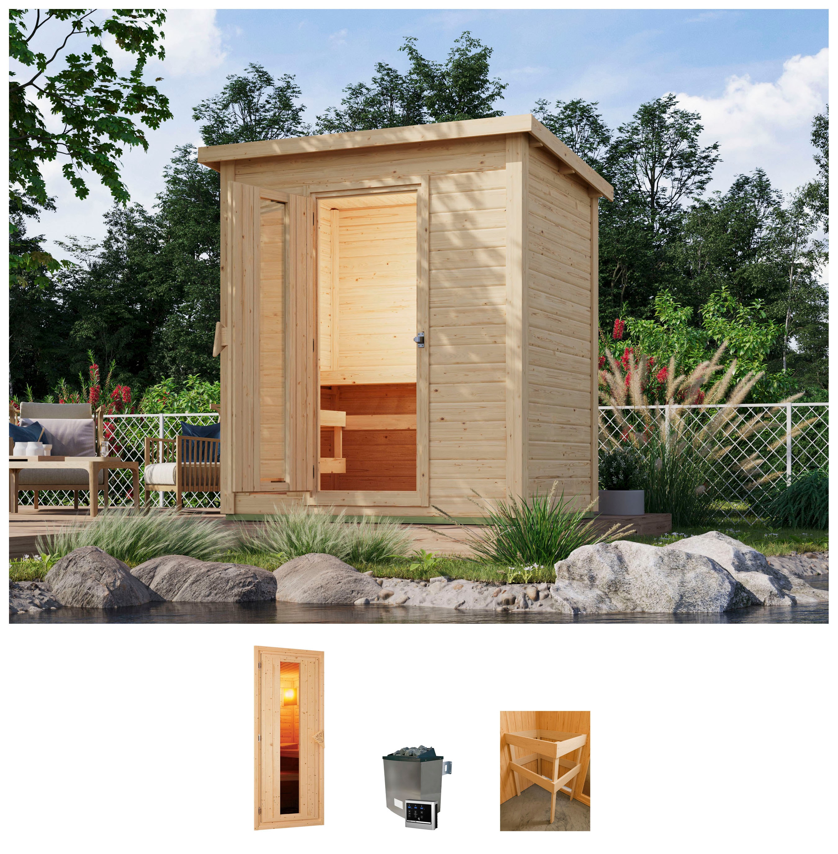 Saunahaus KARIBU "Talo 1", beige (naturbelassen), Bio-Kombiofen, externe Steuerung, 9 kW, Saunen, Bio Ofen 9 kW, externe Steuerung Image