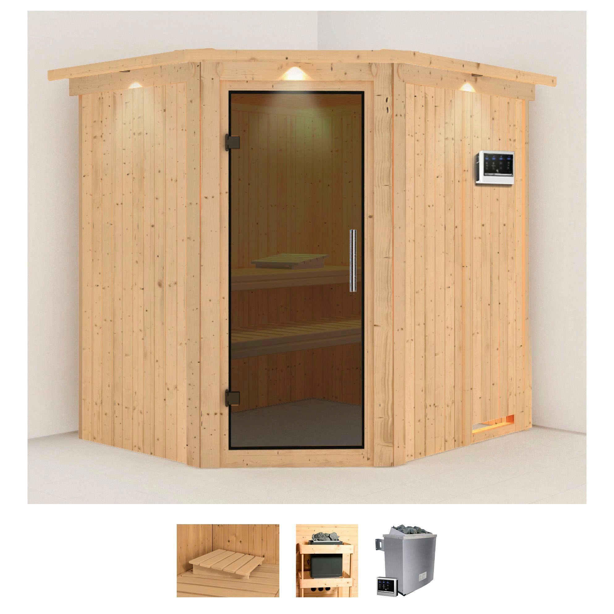 Sauna KARIBU "Siirin", beige (naturbelassen), Bio-Kombiofen, externe Steuerung, 9 kW, Saunen, 9 KW-Bio-Ofen mit externer Steuerung Image