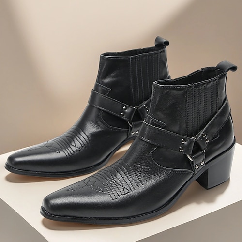 Schwarze Harness-Stiefel aus echtem Leder für Herren mit spitzer Zehenpartie und Blockabsatz, Motorrad-Cowboystiefel aus Rindsleder für Bühne, Partys und Outfits im Rock-Stil Image