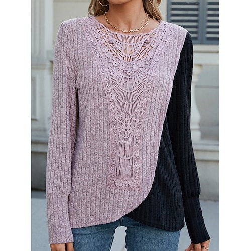 Damen Bluse Einfarbig Stilvoll Lässig Langarm Rundhalsausschnitt Normale Oberteile Täglich Spitze Patchwork Purpur Frühling Herbst Winter