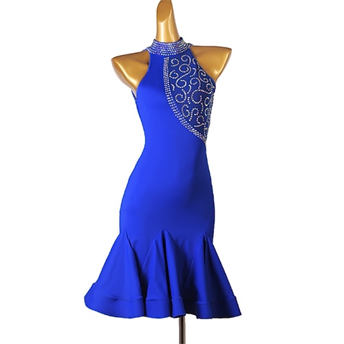 Schwarzes Latein-Tanzkleid für Damen mit Strassverzierungen, Neckholder und ausgestelltem Rock – ideal für Salsa, Tango und Auftritte Image