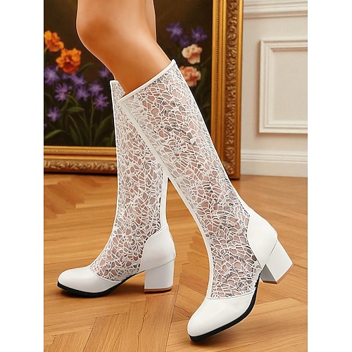 Damenstiefel mit Blockabsatz und blauer Spitze, halbhoch - elegante Vintage-Retro-Netzstiefel für Hochzeiten, Partys Cosplay-Kostüme Image