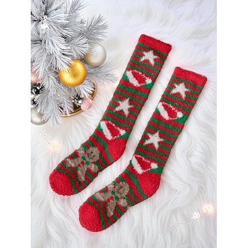 Flauschige Weihnachtskniestrümpfe für Damen, warme, kuschelige Winter-Homewear-Strümpfe mit festlichem rot-grünem Sternenmuster zum Entspannen im Urlaub Geschenke Image