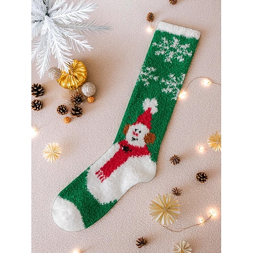 Flauschige Weihnachtskniestrümpfe für Damen, warme, kuschelige Winter-Homewear-Strümpfe mit festlichem rot-grünem Sternenmuster zum Entspannen im Urlaub Geschenke Image