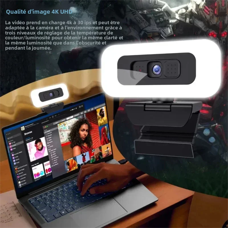 Webcam 4K 2K avec lumière de remplissage, Webcam Portable pour PC, Autofocus HD 1080P, caméra d