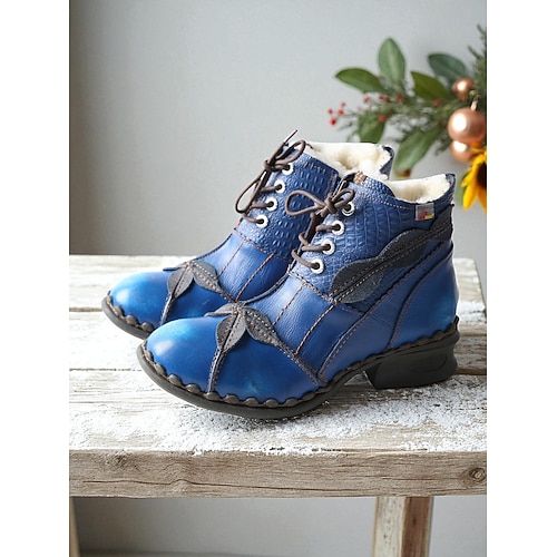 Rote Damenstiefeletten aus echtem Leder zum Schnüren mit einzigartigem Design mit gefalteter Zehenpartie, warmem Fleecefutter, Retro-Freizeitstiefel für Winteroutfits Outdoorbekleidung Image