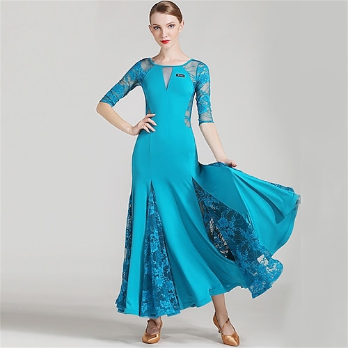 Damen Langarm Spitze Modern Dance Kleider Ballroom Dance Kostüm Big Swing Kleid Image