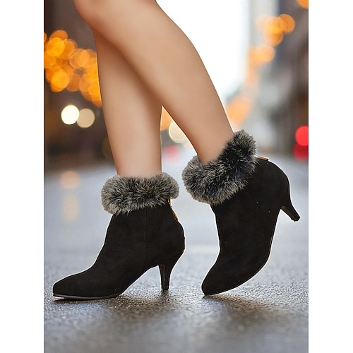 Damen Stiefel Schneestiefel Arbeit Täglich Stiefeletten Reißverschluss Kätzchenabsatz Spitze Zehe Mode Plüsch Kunstpelz Kunstwildleder Reißverschluss Schwarz Rot Braun Image