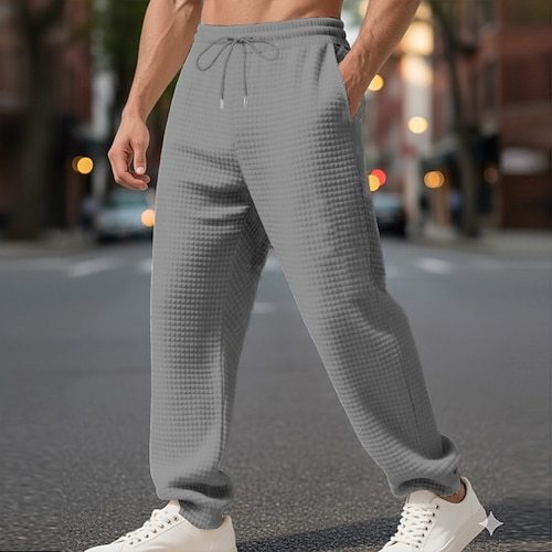 Herren Waffel Jogginghose Hose Gerade geschnittene Sweatpants Kordelzug Fronttasche Einfach Komfort Volle Länge Outdoor Arbeit Täglich Mode Streetwear Schwarz Weiß Dehnbar Image