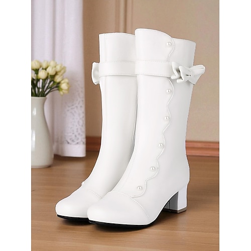 Schwarze Damenstiefel aus Kunstleder mit halbhoher Wade, Perlmuttknopf und Schleifendetail – 1920er-Jahre-Vintage-Retro-Stiefel mit Blockabsatz für Partys, Cosplay Abendgarderobe Image