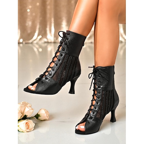 Schwarze Damen-Stiefeletten mit Schnürung und Peep-Toe, Mesh-High-Heel-Tanzschuhe für Abendgala, Abschlussball Party-Outfits Image