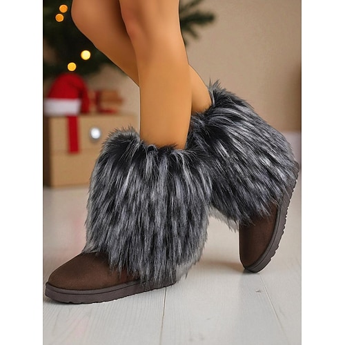 Damenstiefel aus braunem Wildleder mit flauschigem rosa Kunstfellbesatz, gemütliche Winterschuhe bis zur Wadenmitte, stylische Party Streetwear-Schuhe für modebewusste Frauen