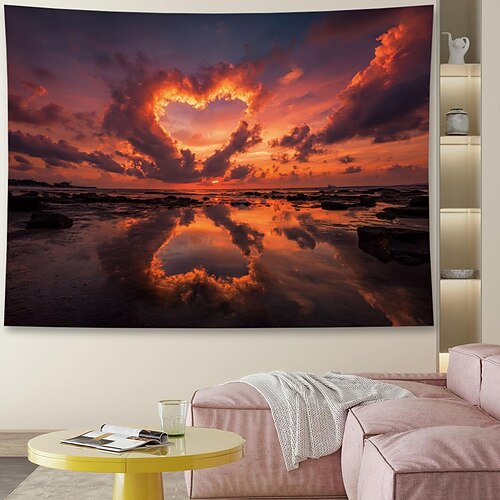 Wunderschöner Ozean, Meer, rosa Sonnenuntergang, herzförmige Wolkenlandschaft, Wandteppich, Wanddekoration, großer Wandteppich, Fotohintergrund, Decke, Vorhang, Zuhause, Schlafzimmer, Wohnzimmer, Image