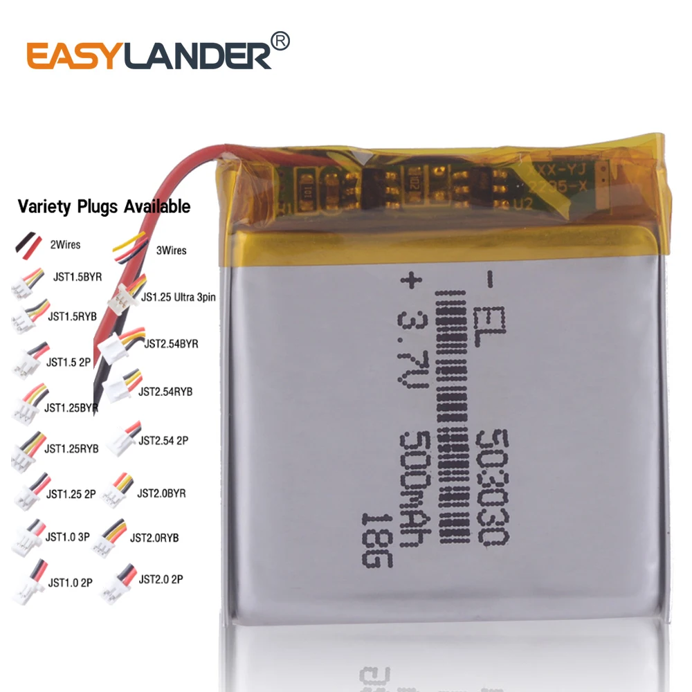 3 Wries 3,7 V 503030 500 mAh wiederaufladbarer Lithium-Li-Ionen-Polymer-Akku für MP3-Smartwatch, Handgelenk-Lautsprecher, DVR, GPS 503131, 453030 Image