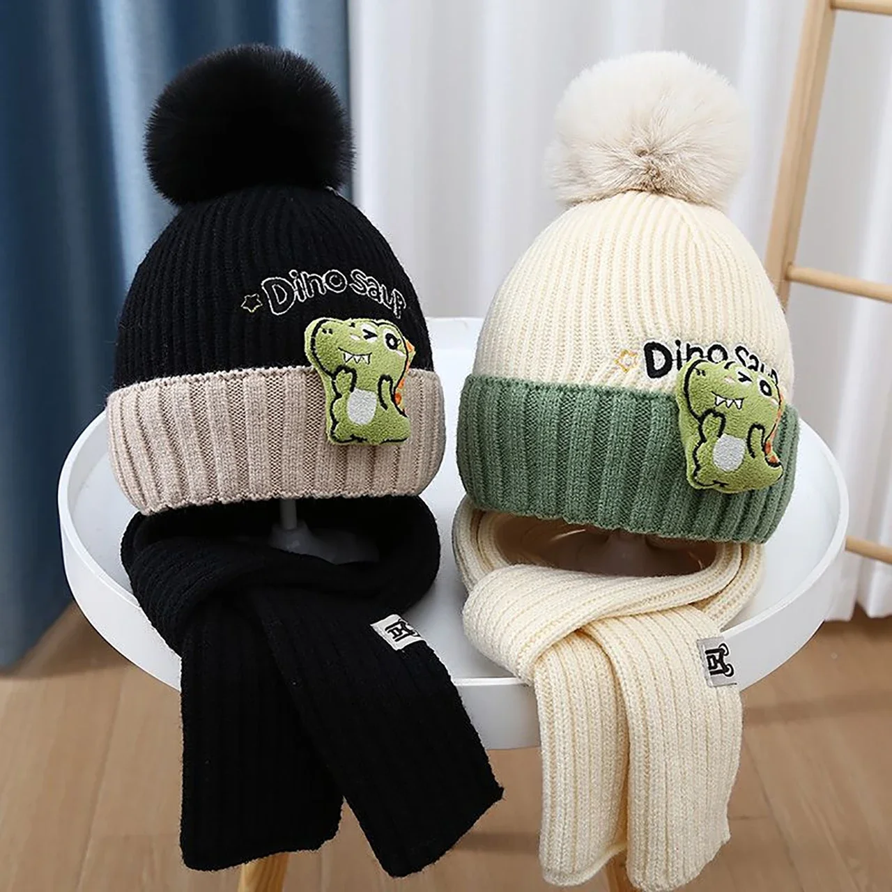 Cartoon Dinosaurier Baby Strickmütze Schal Niedliche Winter Strickpullover Mütze Outdoor Warme Kinder Wintermützen Image