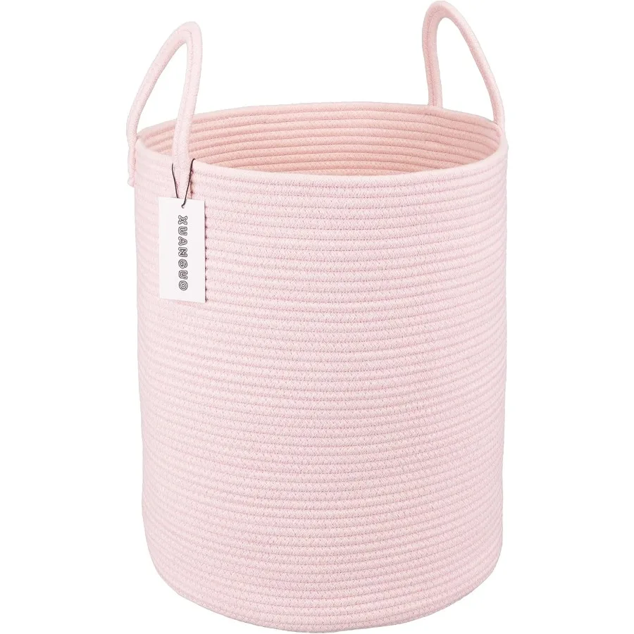 Large Light Pink Cotton Rope Laundry Basket Hamper for Girls Baby Nursery Storage Bin Woven Tall Rope Basket for Blankets and T
