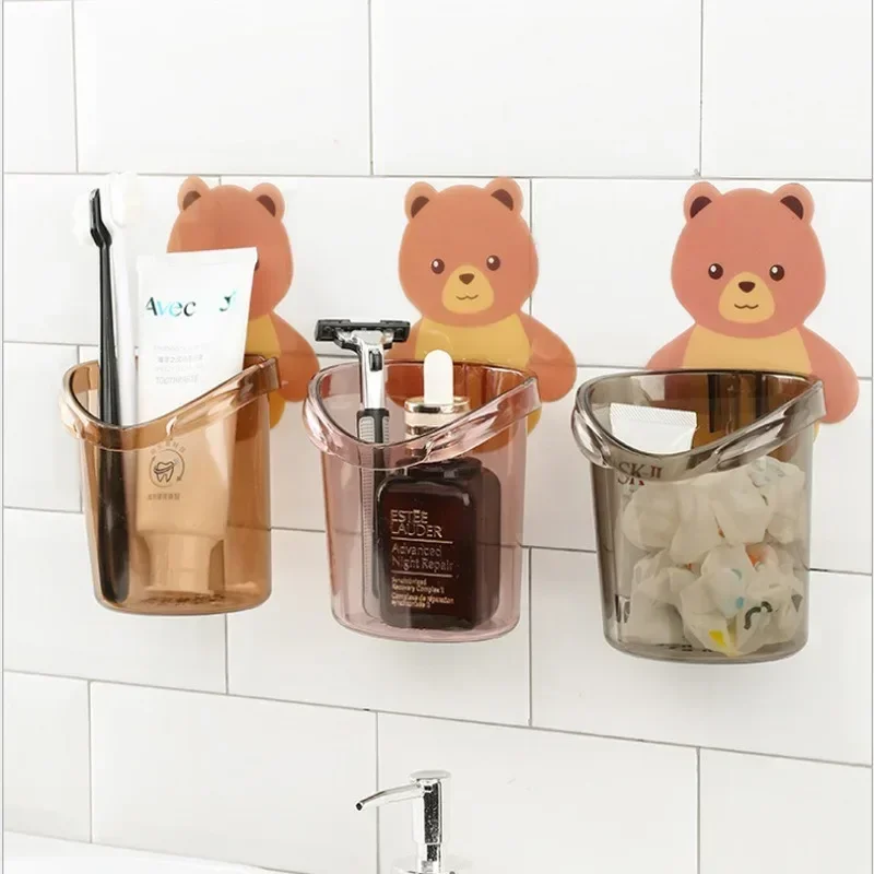 An der Wand montierter Bären-Zahnbürstenhalter für Kinder, Badezimmer-Organizer, wasserdicht, ohne Bohren, ABS, PP, multifunktionale Aufbewahrung für Rasierer, Hautpflege Image