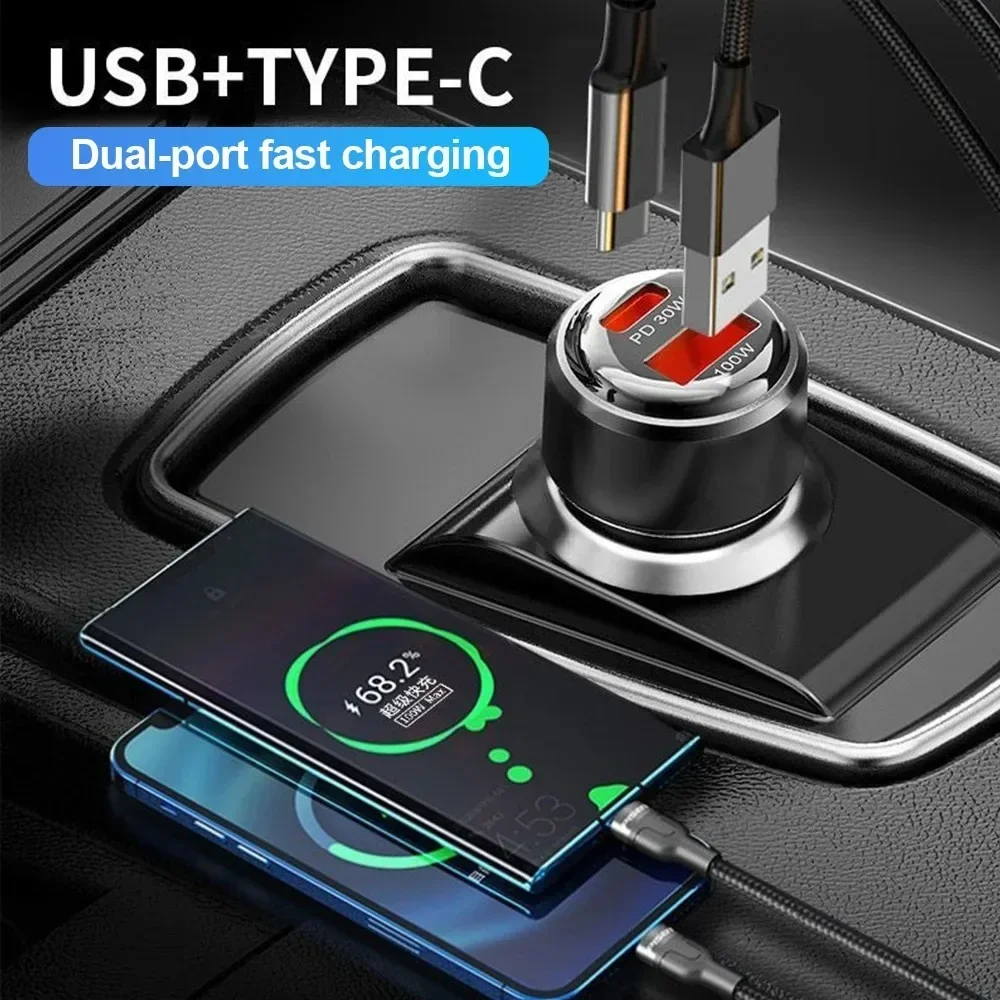 100 W USB-Autoladegerät-Adapter, 30 W Typ C, Schnellladung, PD-Schnellladegerät im Auto für iPhone 15 Xiaomi Huawei Handy-Ladegerät Image