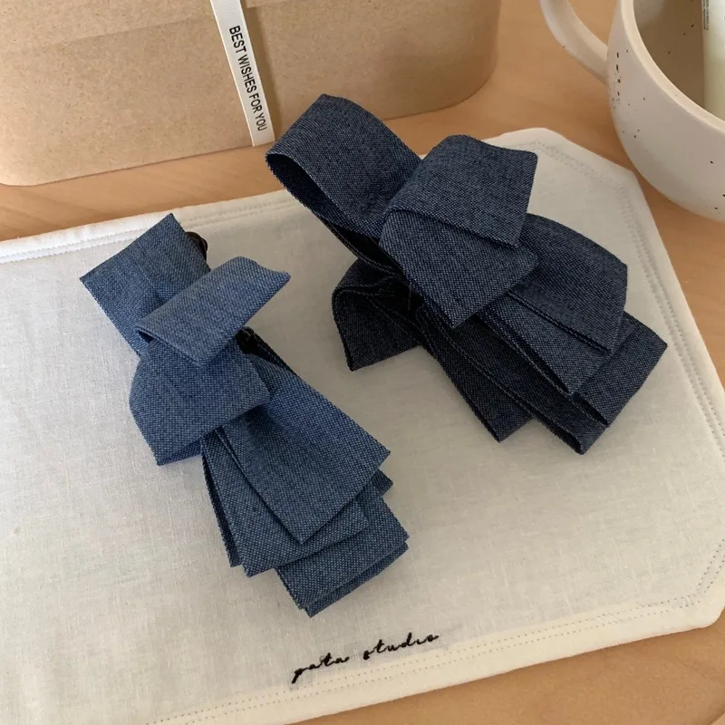 1pc Autumn/Winter New Denim Blue Pleated Bow Banana Clip Korean Style Elegant Ponytail Hair Clip Twisty Clip