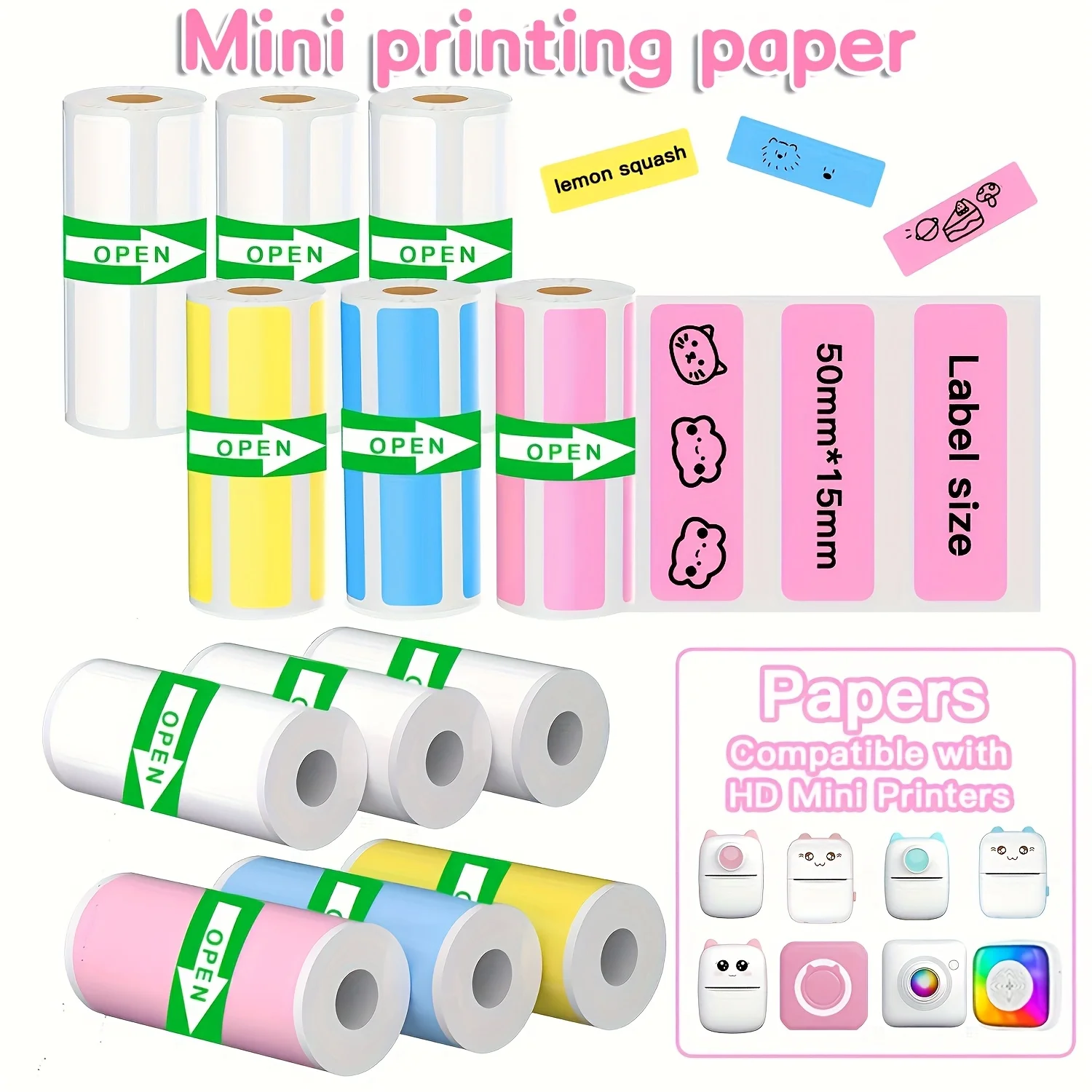 Buntes und weißes Mini-Etikettendruckpapier, 50 x 15 mm und 50 x 30 mm, Mehrzweckkleber für HD-Minidrucker, Bürobedarf Image