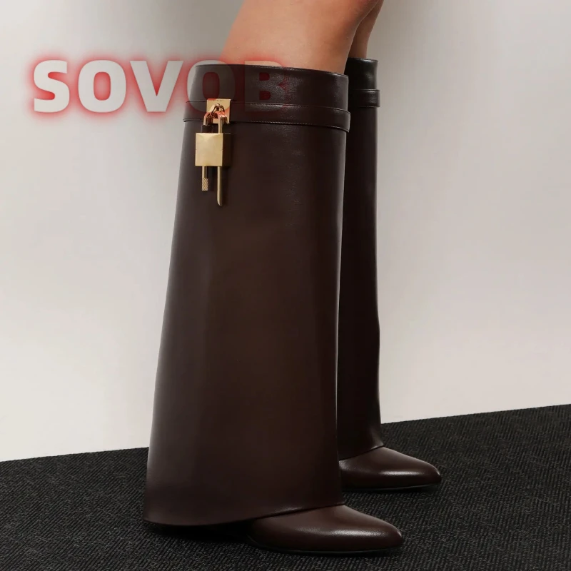 Spitze Zehen-Stiefel mit silbernem Schloss, Keilabsatz, klassisches sexy Damenkleid, tägliche kniehohe Stiefel für den Winter, große Damenstiefel