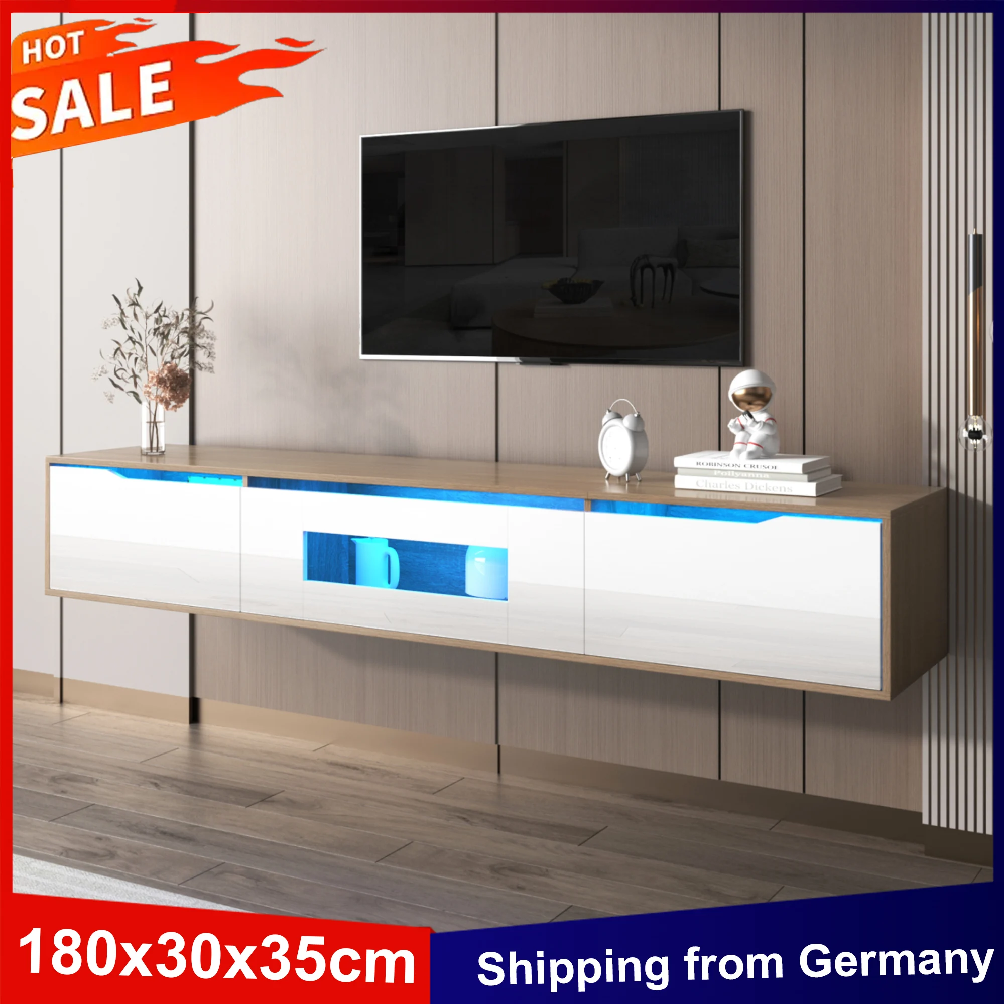 Anajqaqia 180 x 35 x 30 cm TV-Schrank, Hochglanz-TV-Ständer, modernes Wand-TV-Lowboard mit 16-Farben-LED-Licht, TV-Platine für Wohnzimmer