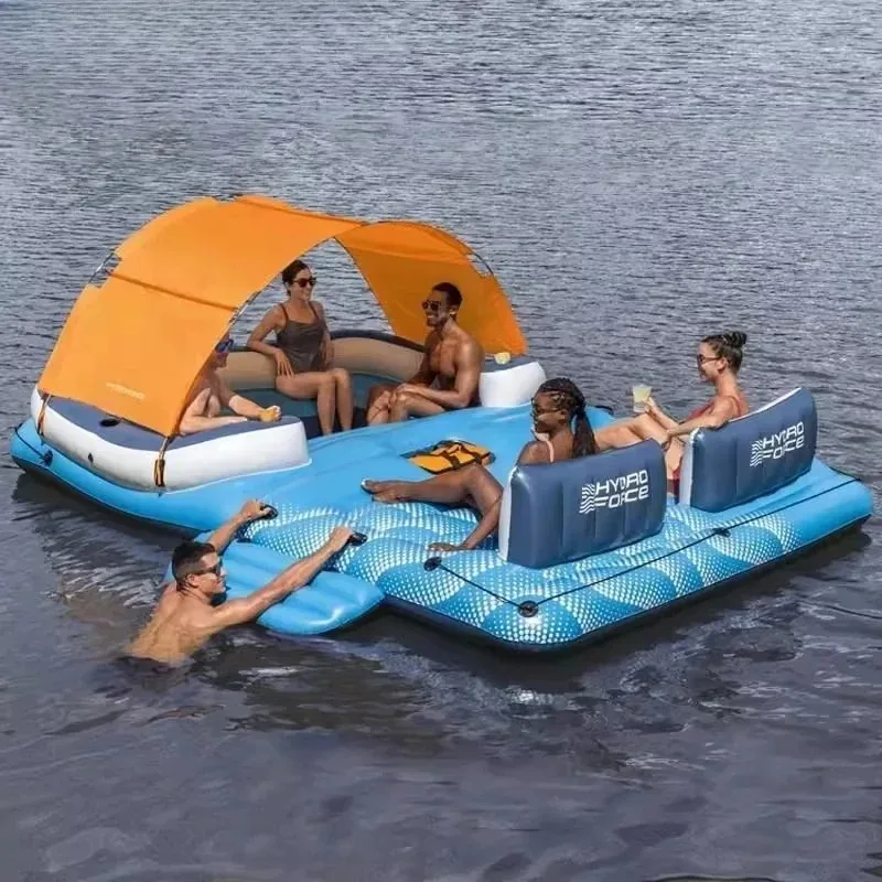 Große aufblasbare schwimmende Insel mit Markise für 2–10 Personen, das auf dem Meer schwimmendes Schattenboot für Erwachsene und den Haushalt schwimmt Image