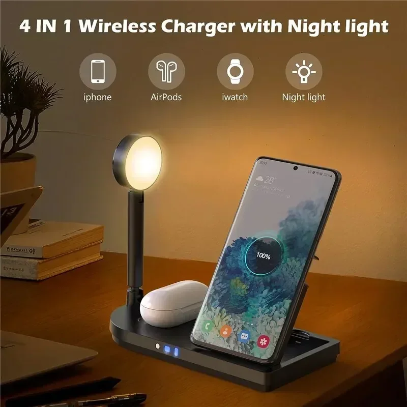 4 in 1 supporto per caricabatterie wireless pieghevole luce notturna porta USB per iPhone 16 15 14 Samsung S24 iWatch Airpods stazione di ricarica rapida
