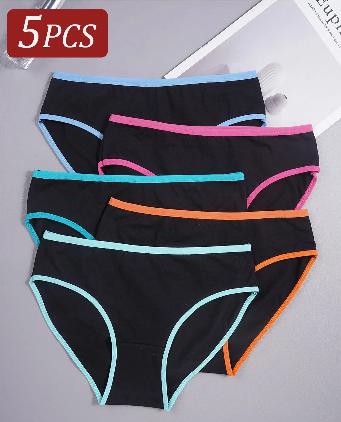 5PCS frauen Unterhosen Einfache Schwarz Patchwork Farbe Höschen Weiche Bequeme Unterwäsche Briefs Mode Mädchen Täglichen Verschleiß Dessous Image