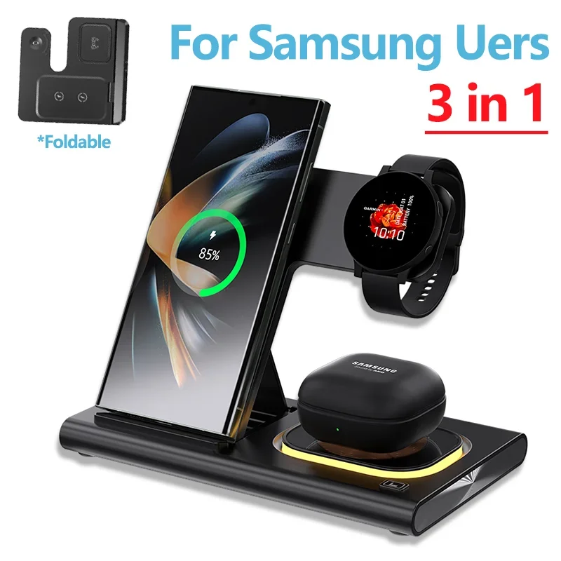 Supporto per caricabatterie Wireless pieghevole a LED 3 in 1 da 30W per Samsung S24 S23 S22 Watch 6 5 4 Active 1 2 Galaxy Buds stazione di ricarica rapida
