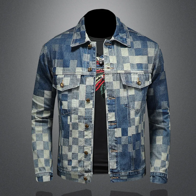2025 Herbst Vintage karierte Jeansjacke für Herren, Flip-Kragen, einreihig, lässige Business-Jacke, Social Street Wear Jeans