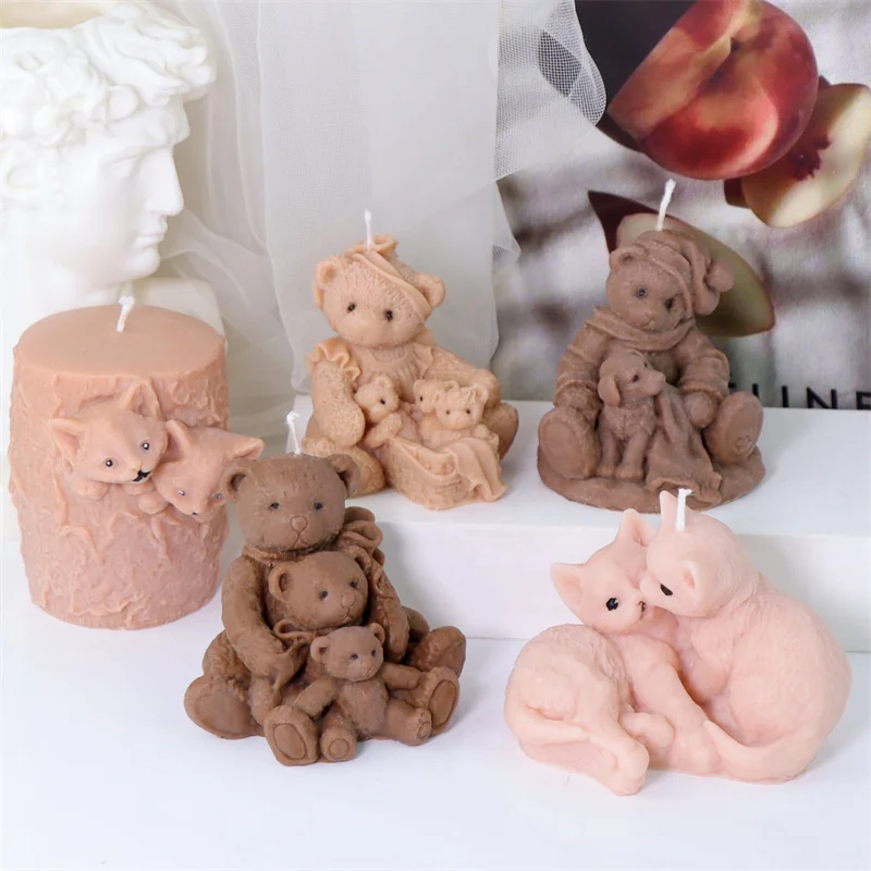 3D Küssen Gesicht Katze Cartoon Bär Silikon Kerze Form DIY Familie Bären Handgemachte Aroma Gips, Der Werkzeug Geburtstag Party Geschenke Image