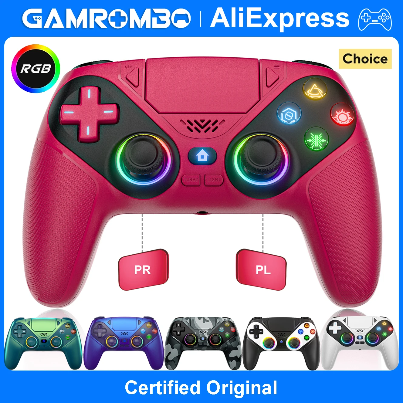 Controller per Playstation 5/PS5 Pro/Slim/PC, gamepad wireless RGB con giroscopio a 6 assi senza drift, joystick di gioco con funzione Marco/Turbo, telecomando.