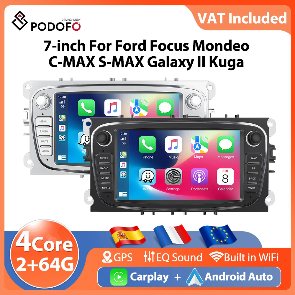 Podofo 7'' 2Din Auto Stereo Radio Für Ford Focus Mondeo C-MAX S-MAX Auto Stereo GPS Carplay Android Auto BT 2 + 64G Auto Stereo DVD