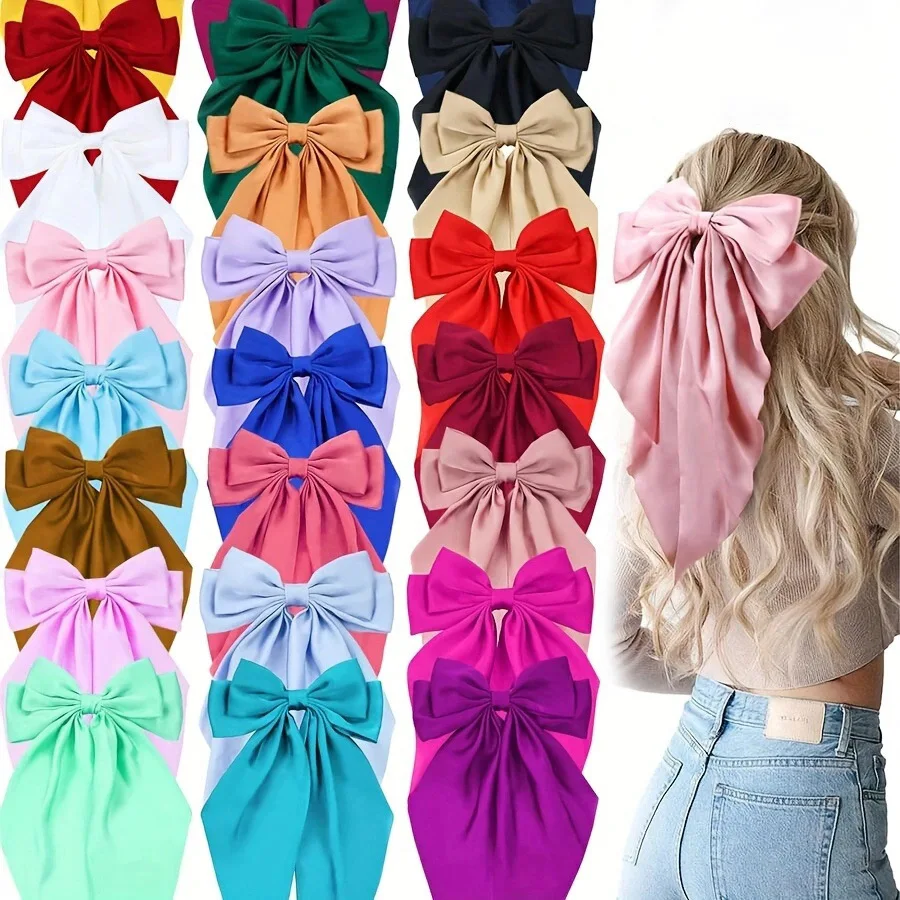 3 Stück große, elegante Haarspange mit Schleife für Frauen, einfache einfarbige Satin-Pferdeschwanz-Bowknot-Haarnadeln, Haarspangen, Haar-Accessoires Image