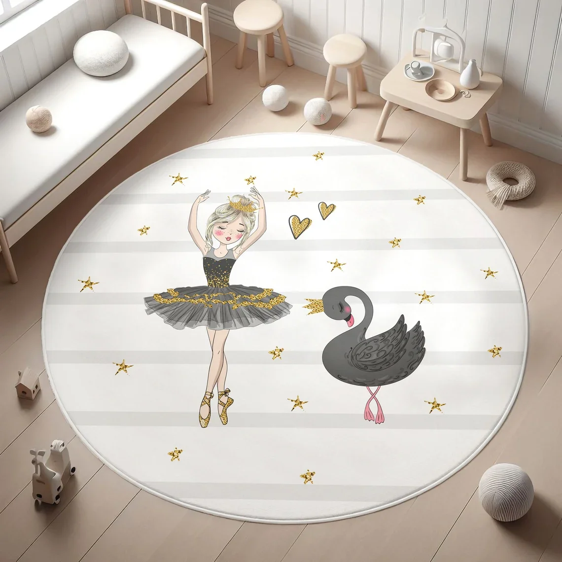 Niedlicher Ballerina-Zimmerteppich für Mädchen, Baby-Geschenk, rosa Ballerina-Teppich, rutschfeste Matte, Spielzimmermatte für Babys, gestreifter runder Teppich, Teppich