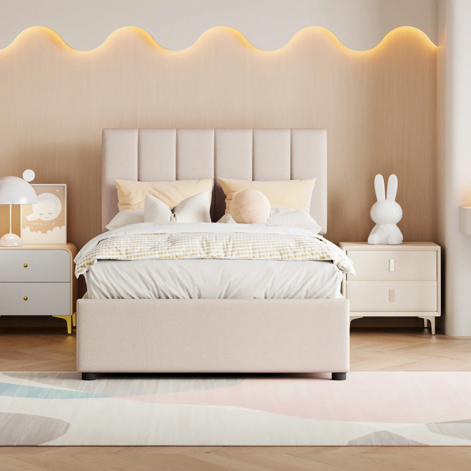 Rosahqnda Kinderbett 90*200cm, verstellbares Kopfteil, Einzelbett für Jungen, Stauraumbett für Mädchen, gepolstertes Kinderbett, Leinen Image