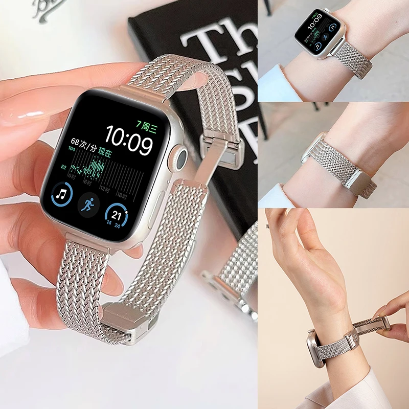 Magnetisches Klappschlaufenband für Apple Watch 10, 9, 8, 7, 41 45, 46 mm, schlankes Damen-Edelstahlarmband für iwatch SE6 5 4 40 44 38 42 mm Image