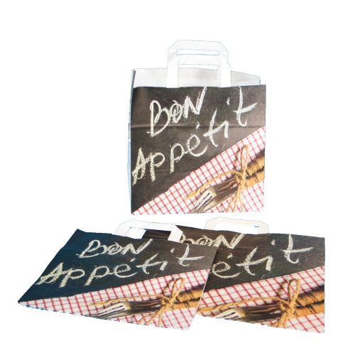 Pack4Food24 250 Papiertragetaschen Papiertüten mit Gastro Neuralmotiv "Bon Appetit" 26+17x25cm 80g/m² Image