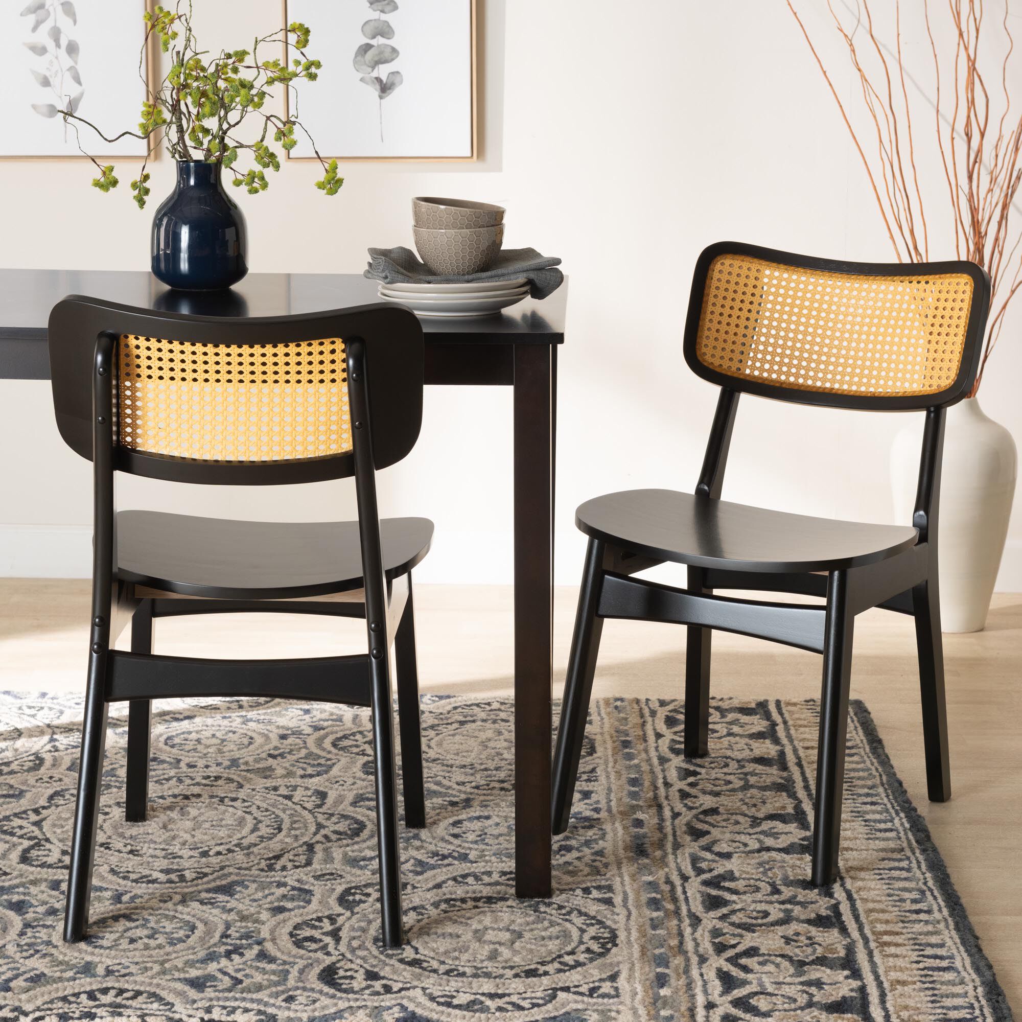 Tafari Mid-Century Modern Walnut Brown Finished Wood and Rattan 2-Piece Dining Chair Set by Baxton Studio in Brown (Size OS)