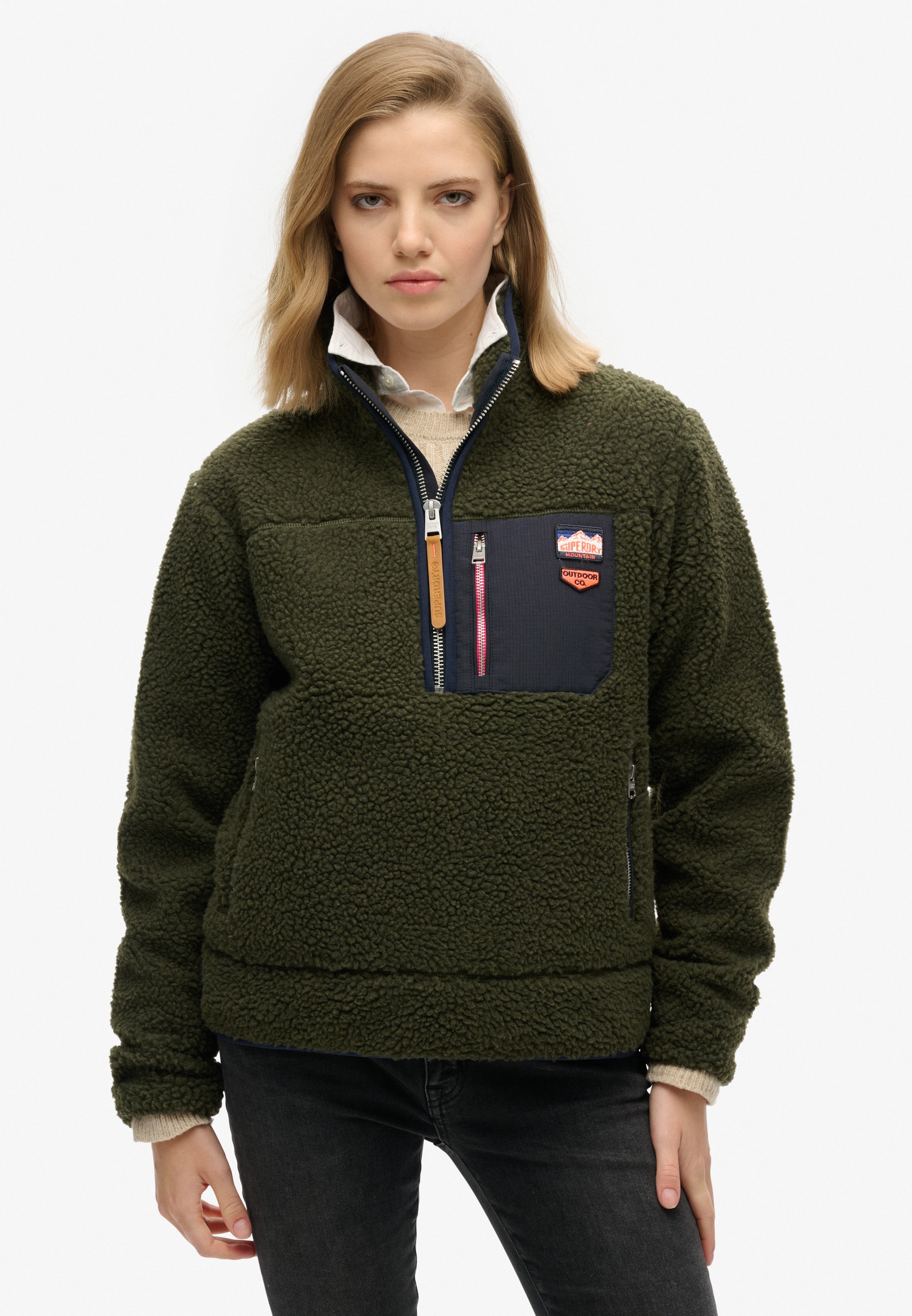 Fleecepullover SUPERDRY "VINTAGE RETRO HALF ZIP FLEECE", Damen, Gr. L, grün (army khaki grün), Sweatware, Obermaterial: 100% Polyester, unifarben mit Farbeinsatz, regular fit normal, hoch geschlossener Ausschnitt, Sweatshirts Fleecepullover