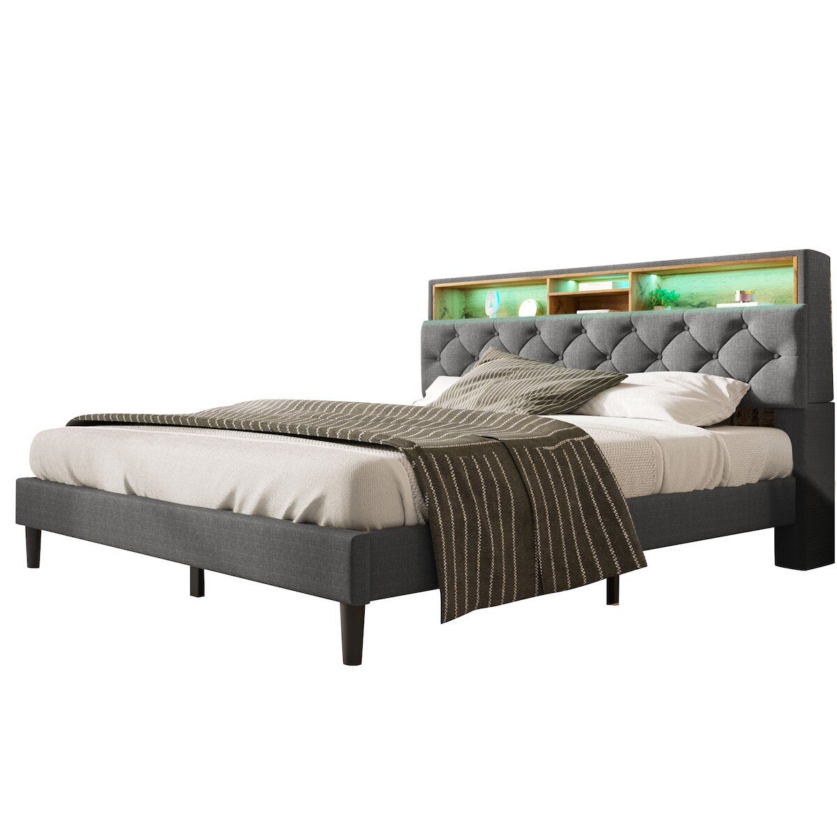 OKWISH Polsterbett 140×200 mit Stauraum-Kopfteil, LED-Beleuchtung, Massivholz- und Metallrahmen, stabiler Lattenrost, modernes Schlafzimmer, Grau Image