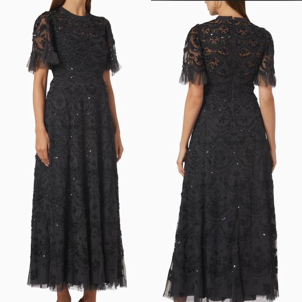Customized Celebrity Evening Dress Casual Lace Applique Sequined Ruched A-line High Collar Bespoke Occasion Gown Midi Dresses