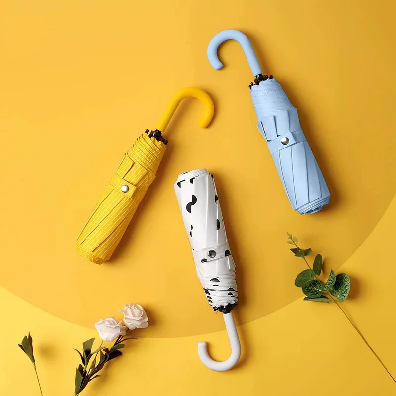 Taschenregenschirm mit U-förmigem Griff, Anti-UV-Paraguas, Sonnenschirm, Regen, winddicht, 3, faltbar, tragbar, für Damen Image