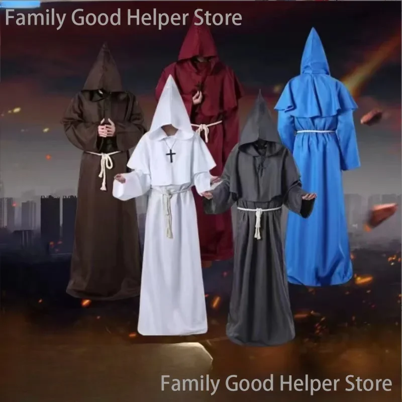 Halloween Cos Kostüm Antikes Kostüm Mittelalter Mönch Kleidung Mönch Robe Zauberer Kleidung mit Robe Gürtel Halskette für Partys Image