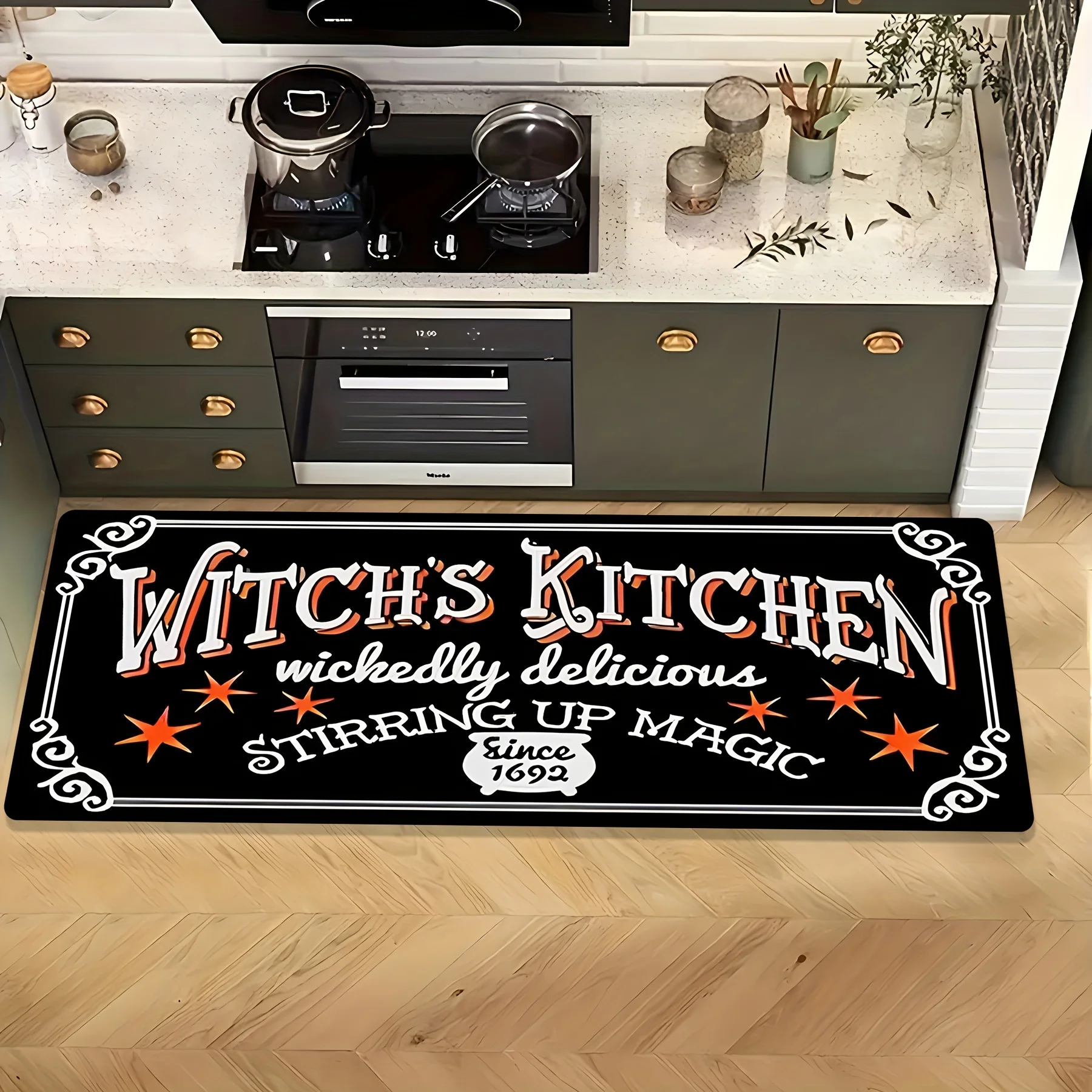 VIKAMA Schwarzer kreativer Küchenteppich mit der Küche, 2-teiliger Teppich, Fußmatte, Willkommensmatte, Wohnzimmerteppich, Teppich für Schlafzimmer, Heimdekoration Image