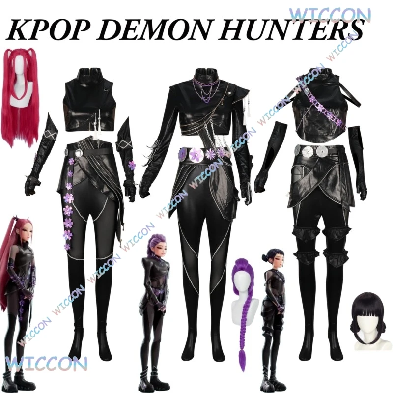 YesOk/  Rumi kpopd emonh unter Mira Zoey Cosplay Schwarz PU Leder Jacke Kostüm Voller Anzug Perücke Frauen Mädchen Halloween Karneval Anzug Image