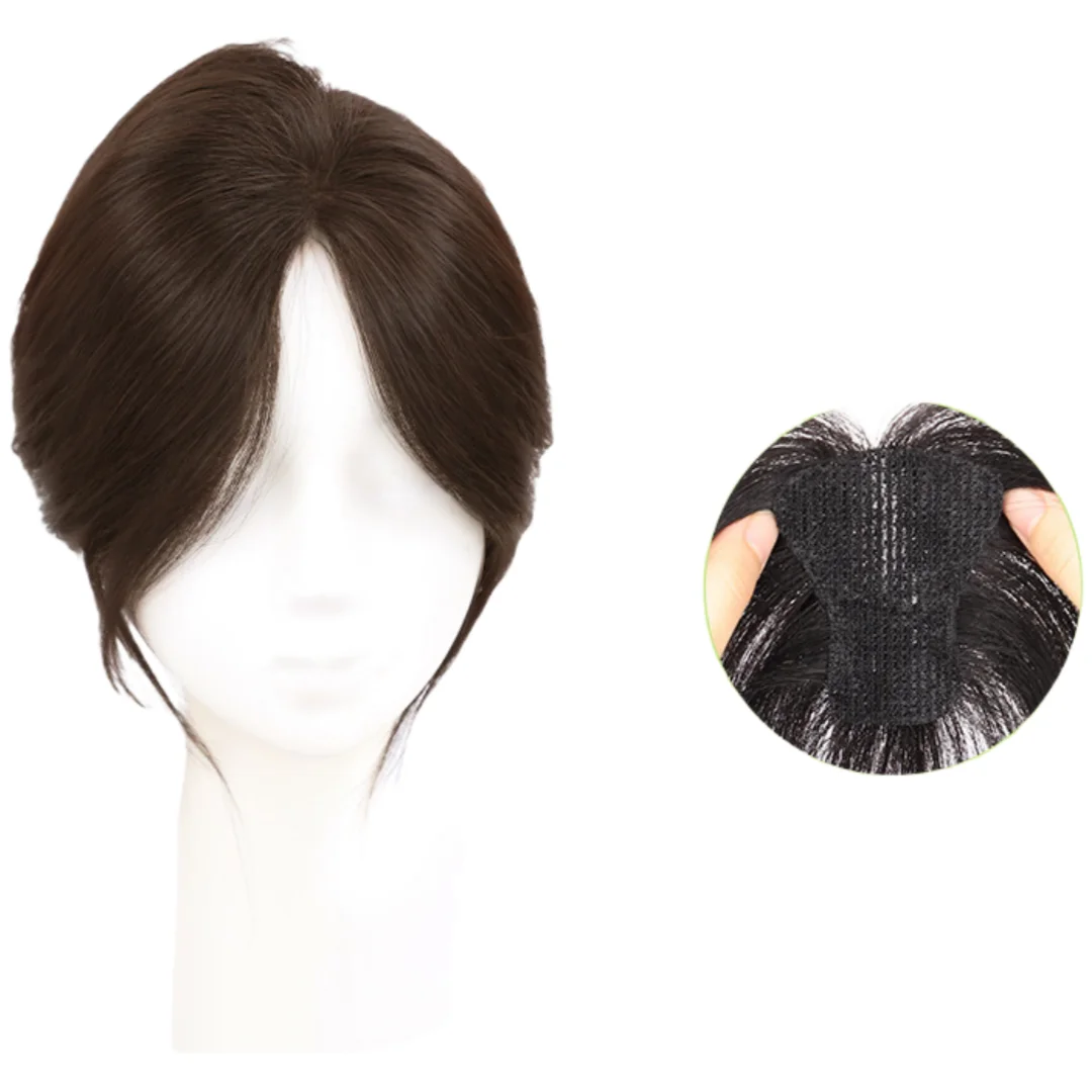 Ersatz-Haaraufkleber mit magischem Paste-Aufkleber und französischem Pony für Frauen, ohne Clips, Klettverschluss, flauschige Haarflicken, Dunkelbraun Image