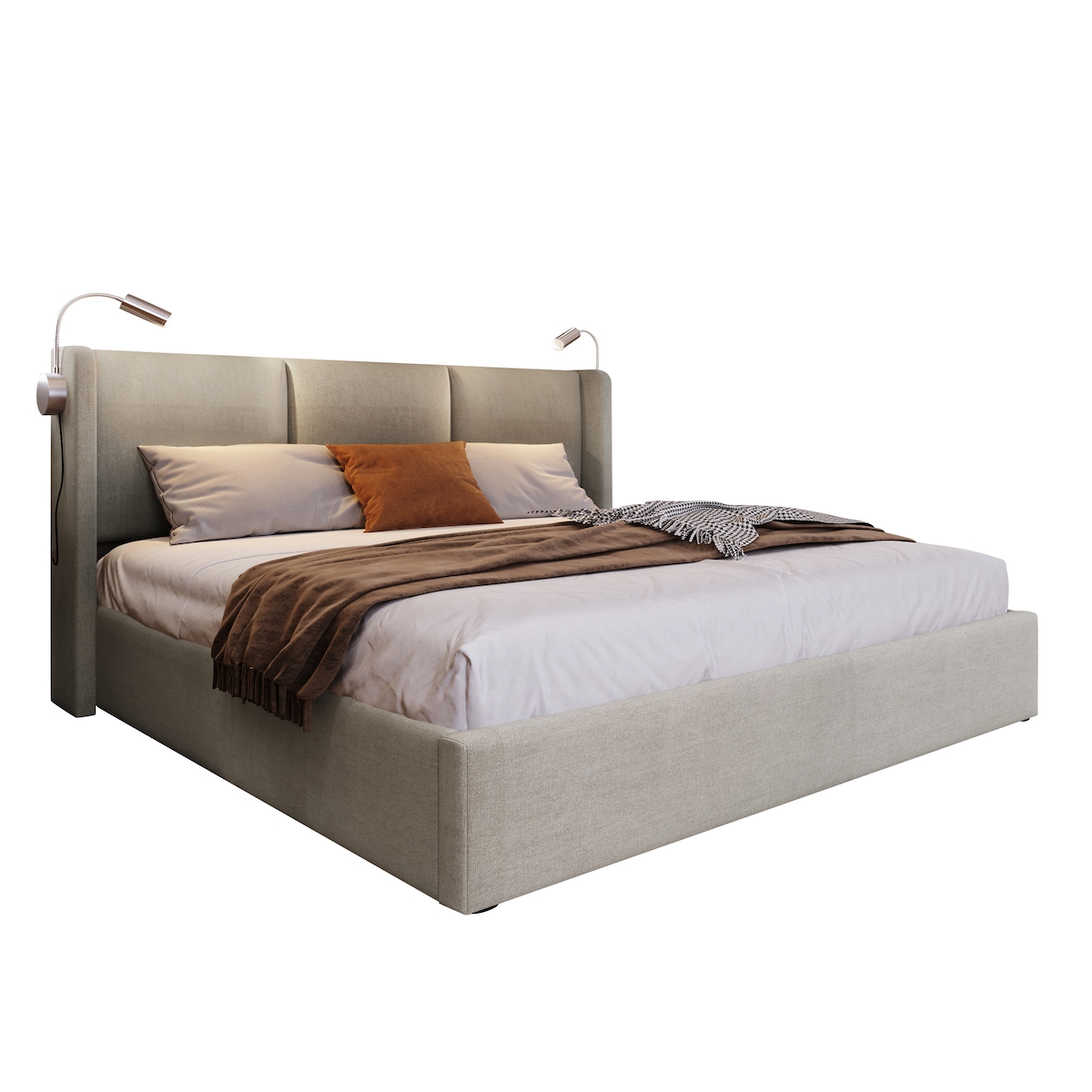 OKWISH Polsterbett 160×200 mit Stauraum unter Lattenrost, Leselampe und USB-Ladefunktion, stabiles Gestell, elastische Latten, Leinen, Beige Image